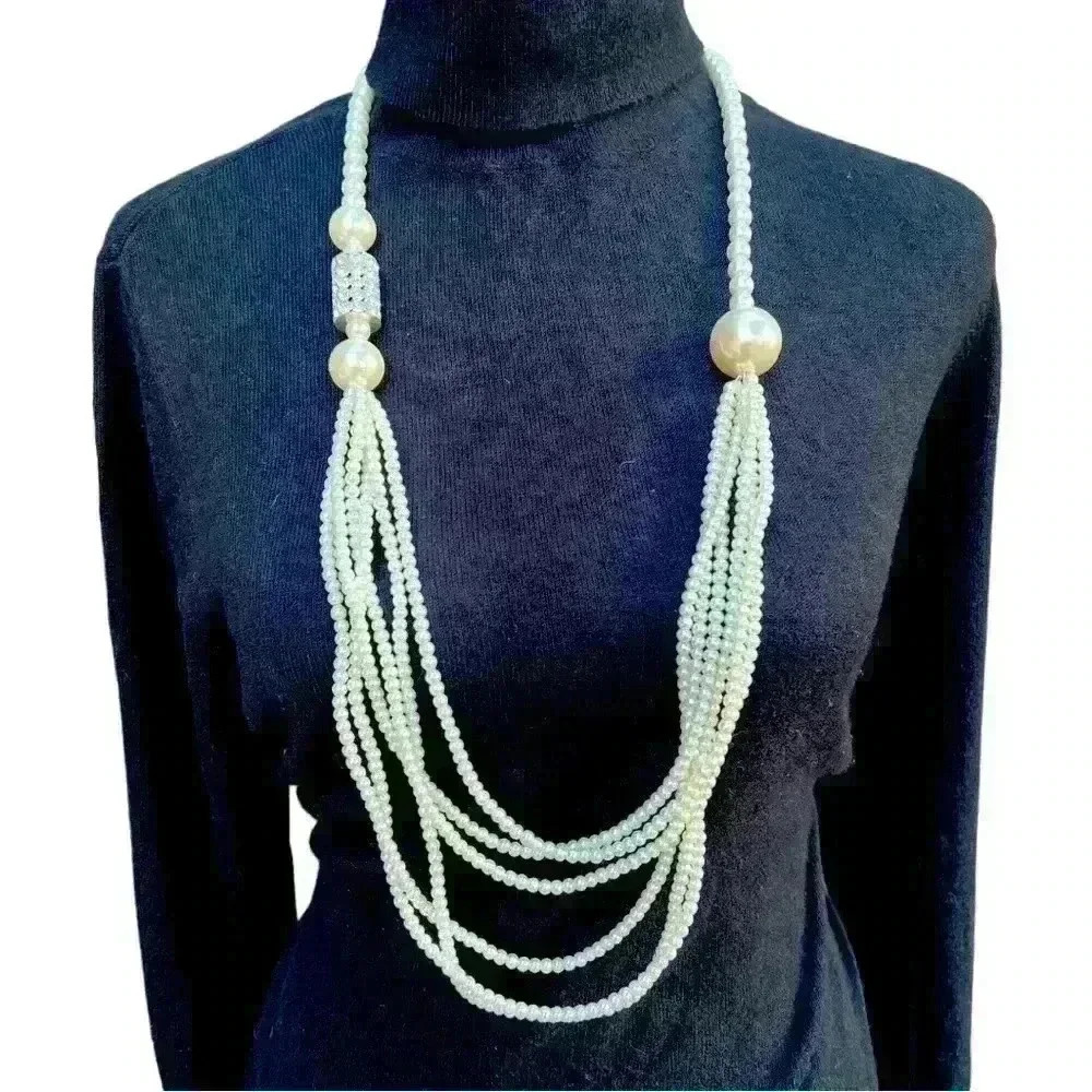 Opera length faux pearl & rhinestone necklace
